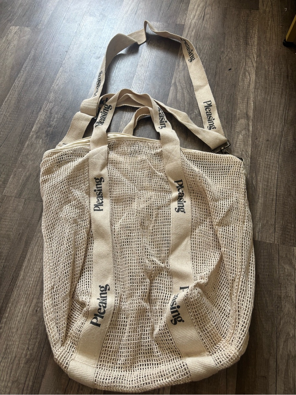 Pleasing Cream Mesh Tote with Branded Straps